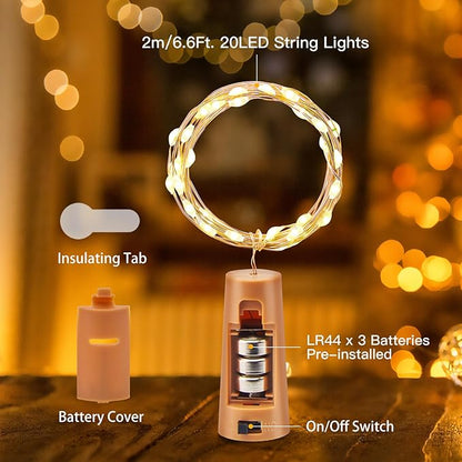 Brightown 10 Pack 7ft Battery Operated Wine Bottle Lights with Cork 20 LED Bulbs, Warm White Glow, Waterproof, Flexible Silver Wire, Lovely for Liquor Bottles DIY Party Christmas Wedding Décor