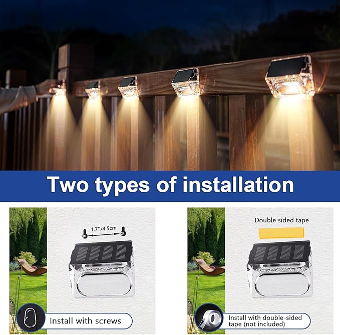 Solar Outdoor Lights 8 Pack, Solar Fence Deck Lights, Waterproof Powered Outside Lighting for Step Railing Wall Pool Stair Yard Garden Patio Decorations