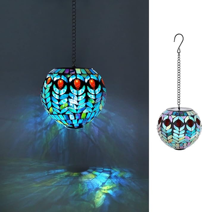 VCUTEKA Hanging Solar Lanterns Mosaic Solar Lights with Hook Up, Outdoor Garden Lights Decor for Yard Tree Fence Patio