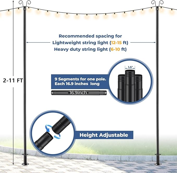 Heavy Duty Adjustable Light Pole for String Lights 1 Pack- 38mm Rust-Proof Metal Post with Deck & Fence Mount - Garden, Patio, Party Decor 10 FT