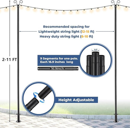 Heavy Duty Adjustable Light Pole for String Lights 1 Pack- 38mm Rust-Proof Metal Post with Deck & Fence Mount - Garden, Patio, Party Decor 10 FT