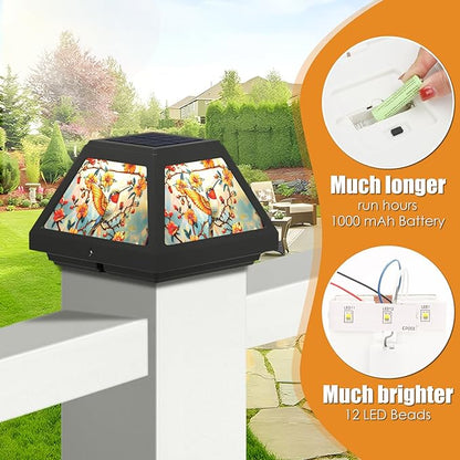 Solar Post Cap Lights - 4x4, 5x5, 6x6 Fence Post Solar Lights, Daffodils Lampshade, 15LM Bright LED, IP65 Waterproof Outdoor Post Lights for Garden, Yard, Deck, Warm White (Bird, 4)