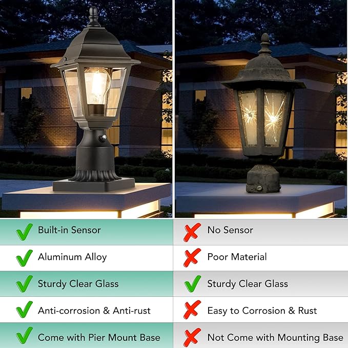 FOLKSMATE Dusk to Dawn Outdoor Post Lights, 2-Pack Waterproof Outside Post Lamps with Pier Mount, Exterior Pole Lantern with Clear Glass, Matte Black Light Fixture for Patio, Garden, Walkway