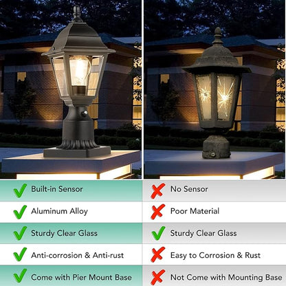 FOLKSMATE Dusk to Dawn Outdoor Post Lights, 2-Pack Waterproof Outside Post Lamps with Pier Mount, Exterior Pole Lantern with Clear Glass, Matte Black Light Fixture for Patio, Garden, Walkway