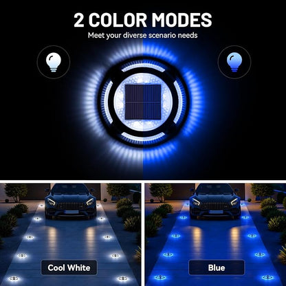 Solar Driveway Lights, 12 Pack Heavy Duty Driveway Lights Solar Powered 2 Color Mode (Cool White/Blue) IP68 Waterproof Outdoor Solar Deck Lights with Ground Stake for Pathway Garden Yard Walkway Dock