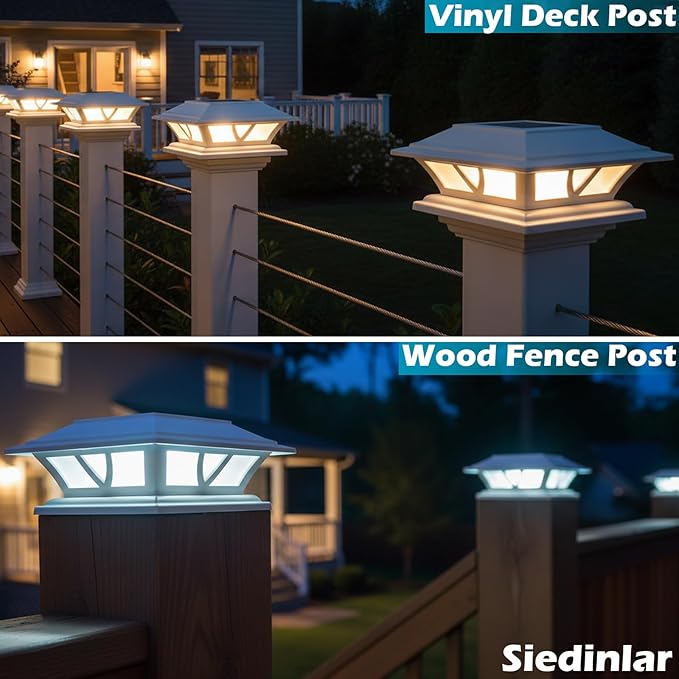 SIEDiNLAR Solar Post Lights Outdoor 2 Modes LED Fence Deck Cap Light for 4x4 5x5 6x6 Posts Garden Patio Decoration Warm White/Cool White Lighting White (4 Pack)