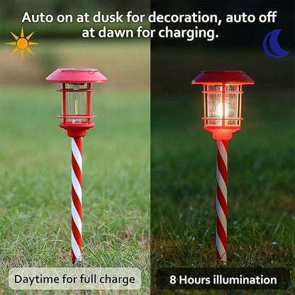 Dynaming 6 Pack Dual Use Solar Christmas Path Lights Outdoor, Hanging Lantern Solar Garden Light with Edison Bulb, Xmas Pathway Markers, Auto On/Off Candy Cane Lights for Patio Yard Walkway Driveway