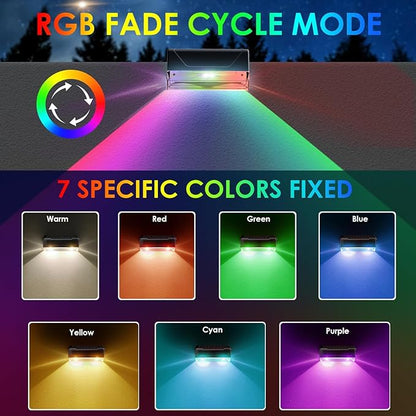 8PK Solar Fence Lights Outdoor - Warm White & RGB 6 Color, Dusk to Dawn Deck Light, IP65 Waterproof Garden Lights for Outside/Backyard/Railing/Step/Patio/Wall