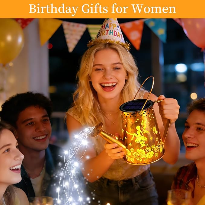 YJFWAL Solar Watering can with Lights, Unique Gifts for Mom Grandma Women Birthday, Waterproof Gardening Gifts Watering Can with Cascading Lights Outdoor Decor for Garden Patio Yard Pathway