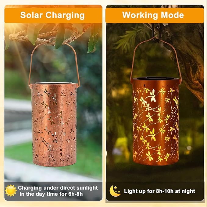 Dragonfly Solar Lanterns Outdoor Waterproof Hanging Lights, Dragonfly Gifts for Women Mom Grandma, Metal Decorative LED Solar Lanterns for Yard Patio Porch Balcony Garden Decor