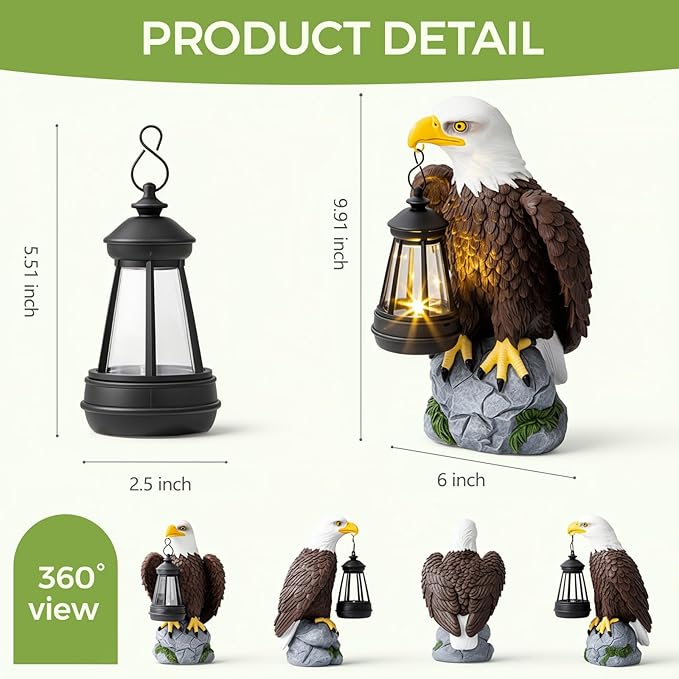 250 Anniversary USA Bald Eagle Garden Statue,Solar Garden Outdoor Statues Bald Eagle with Light, Lawn Decor Statue for Patio, Balcony, Yard Ornament,Home Decor Gift for Men Father
