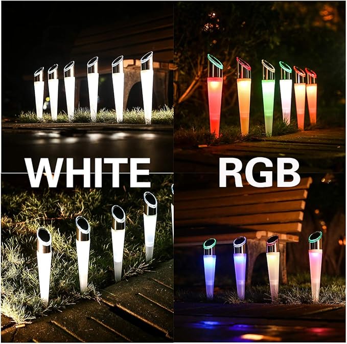 pearlstar Solar Lights Outdoor Garden Pathway Lights LED White&Color Changing Landscape Lighting Waterproof for Path Lawn Patio Yard Walkway Driveway,4 LED Bulbs& 2 Lights Effect (6pack)