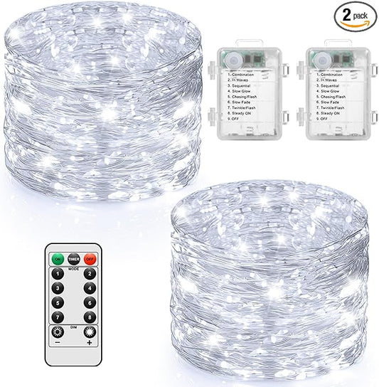 2 Pack 100 LED Fairy Lights Battery Operated with Timer & Remote, 33FT Waterproof Twinkle Lights Indoor Outdoor, Fairy String lights for Bedroom Classroom DIY Wedding Christmas Decorations, Cool White