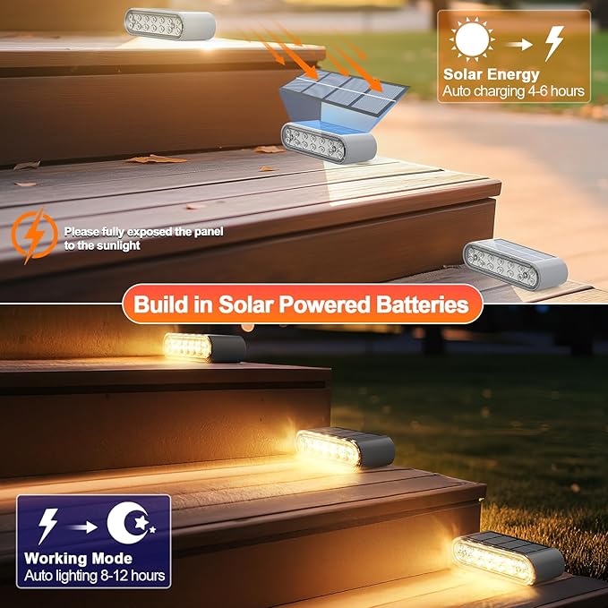 Solar Step Lights for Outside, 8-Pack Stair Light Outdoor Waterproof IP67, 14 LED Warm White Light Solar Powered Lighting for Steps, Stairs, Deck, Patio, Walkway, Front Porch Decor