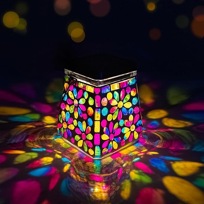 VOREEN Mosaic Glass Solar Lantern & Table Lamp, 600mAh Solar Powered Outdoor Light, Dual Modes Warm White & RGB, Waterproof IP44 Garden Patio Yard Decor, Handmade Gift for Women Mom Friends