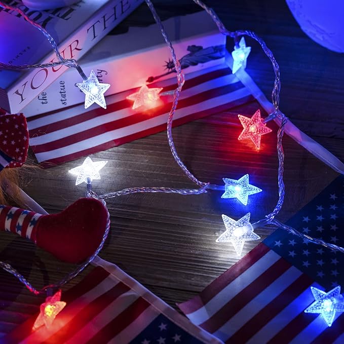 4th of July Decor Lights, Red White Blue Lights Battery Operated 100LED Patriotic Star String Lights 51FT 8Mode Waterproof for Indoor Outdoor 4th of July Independence Day Memorial Day Decor