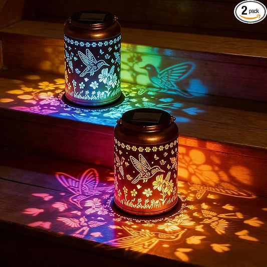 2 Pack Hummingbird Solar Lanterns Outdoor Waterproof, Birthday Gifts for Women Mom Grandma Seniors, Metal Hanging Lanterns Decorative Colorful LED Lights for Lawn, Yard, Patio, Backyard, Porch