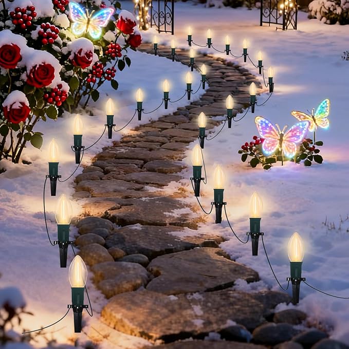 C9 LED Christmas Pathway Lights, 38FT Outdoor Warm White Pathway Markers Lights with 25 Stakes, Connectable Waterproof Outside Christmas Decorations for Xmas Party Decor Patio Yard Lawn, Garden