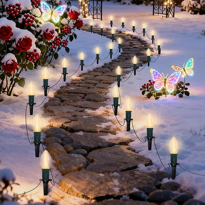 C9 LED Christmas Pathway Lights, 38FT Outdoor Warm White Pathway Markers Lights with 25 Stakes, Connectable Waterproof Outside Christmas Decorations for Xmas Party Decor Patio Yard Lawn, Garden