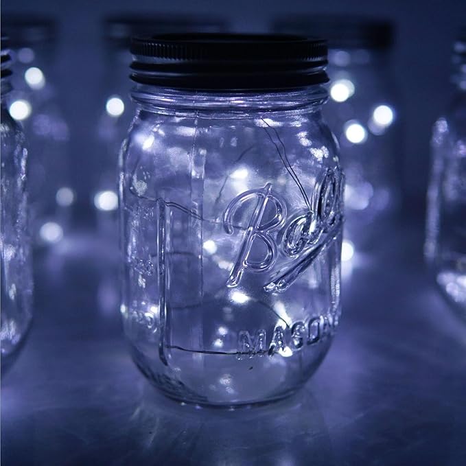 Miaro 6 Pack Mason Jar Lights, 20 LED Solar Cold White Fairy String Lights Lids Insert for Garden Deck Patio Party Wedding Christmas Decorative Lighting Fit for Regular Mouth Jars