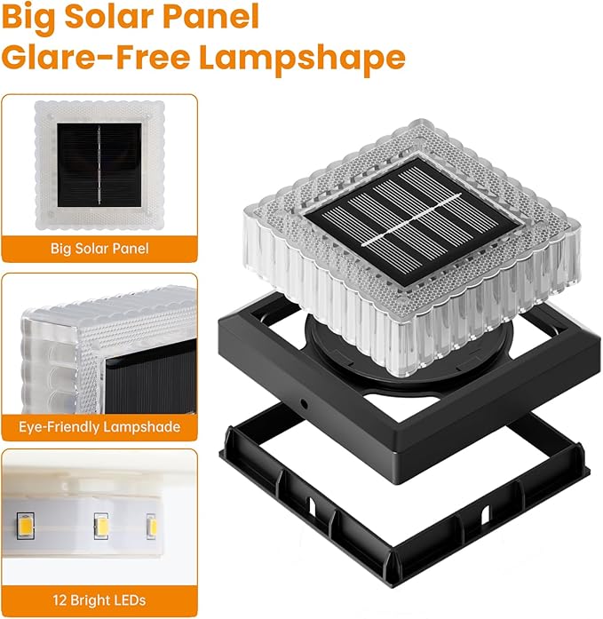 APONUO Solar Post Cap Lights, 12-Pack Fence Post Solar Lights with 20 Lumens 3-Sided Panoramic Glow, IP65 Waterproof Fence, Deck, Patio, Garden Decor, Easy No-Tool Install for 4x4 Posts, Black