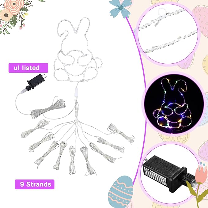 12 ft Easter Bunny Waterfall String Lights with 305 LED Colorful Bunny String Lights with 8 Modes Lighted Easter Outdoor Party Decoration for Tree Garden Yard Spring Themed Decor
