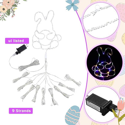12 ft Easter Bunny Waterfall String Lights with 305 LED Colorful Bunny String Lights with 8 Modes Lighted Easter Outdoor Party Decoration for Tree Garden Yard Spring Themed Decor