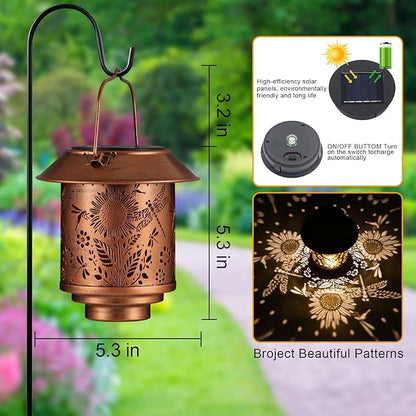 Solar Lantern Outdoor Hanging Sunflower Lights Gifts for Women Mom Metal Garden Decor Outside Waterproof LED Lanterns for Patio(Dragonfly + Sunflower-2pack)