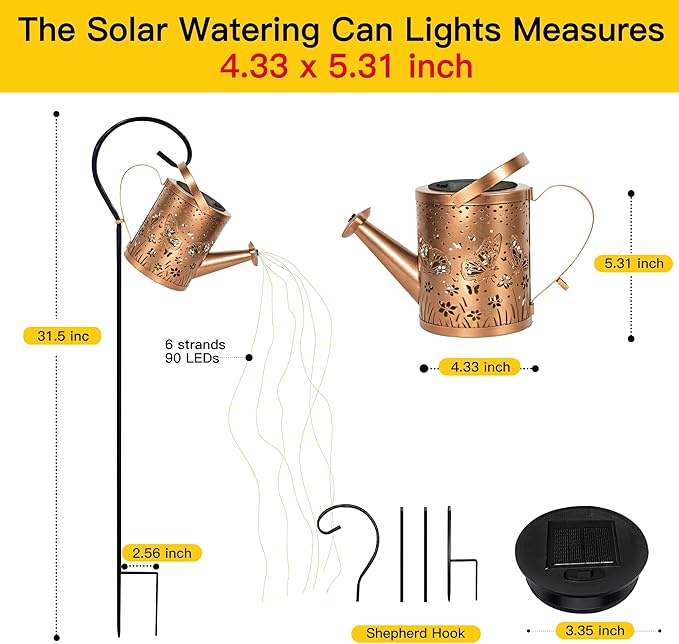 Ollny Solar Watering Can with Cascading Lights Outdoor Garden Decor, Birthday Gifts for Mom Grandma Women, IP65 Waterproof 2 Lighting Modes Hanging Lanterns for Yard Patio Lawn (Butterfly)