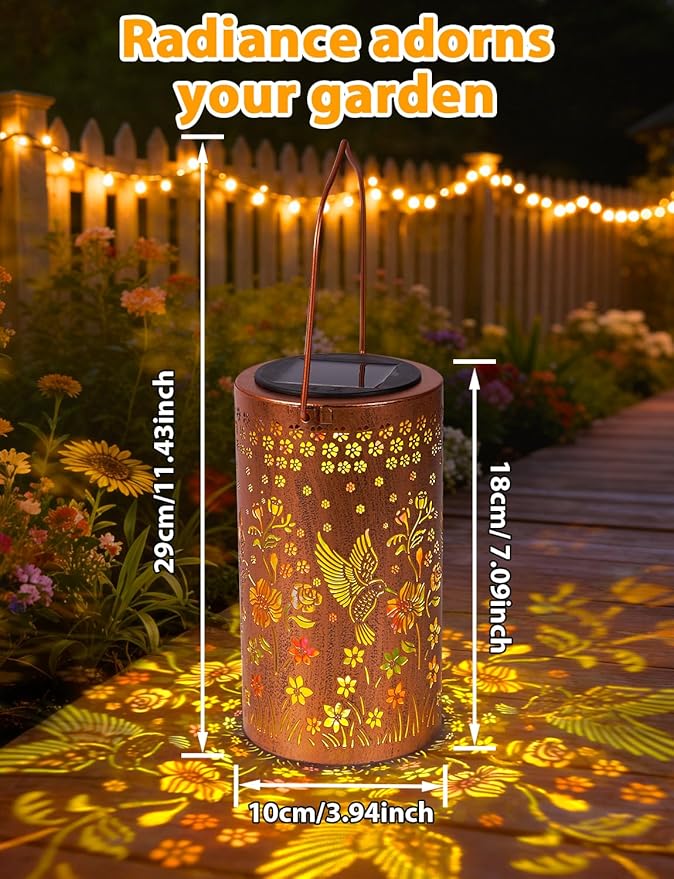 Hummingbird Solar Lanterns Outdoor Waterproof, Garden Decor Gifts for Mom Women Mother Grandma, Metal Lantern Garden Lights with Color Projection, Hanging Solar Lights for Yard Porch Patio