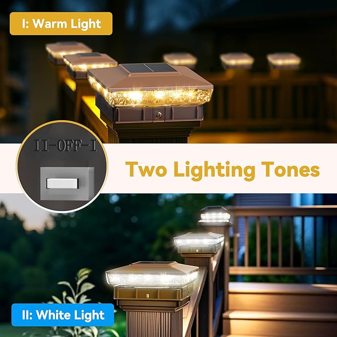 Solar Post Cap Lights, 16-Pack Upgraded Outdoor Deck Fence Post Solar Lights for 4x4 5x5 Wood/Vinyl Posts, IP65 Waterproof, 10-12 Hours Warm/Cool White Glow for Garden/Patio/Porch - Brown