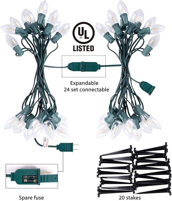Christmas Pathway Lights Outdoor, 26 FT Connectable C9 LED Christmas Lights Outdoor, Waterproof String Lights with 20 Led Lights and Stakes, Christmas Decorations for Walkway Driveway, Warm White