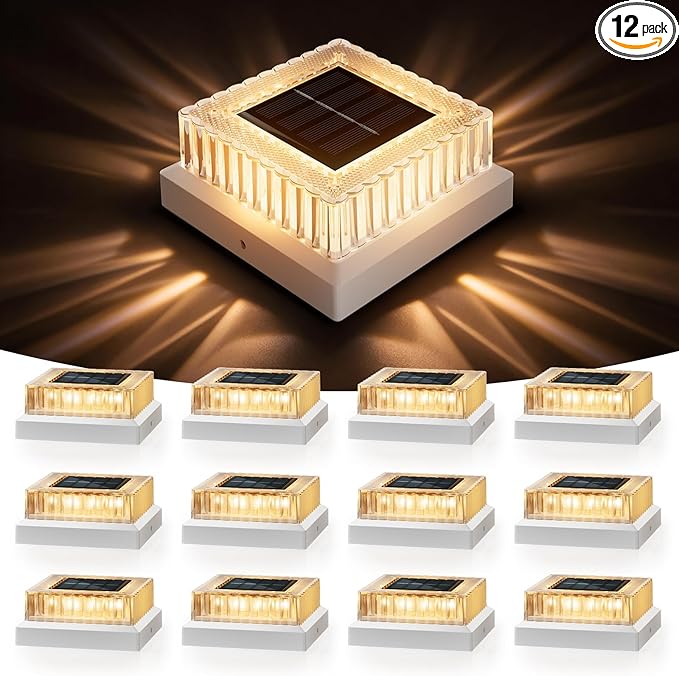 APONUO Solar Post Cap Lights, 12-Pack Fence Post Solar Lights with 20 Lumens 3-Sided Panoramic Glow, IP65 Waterproof Fence, Deck, Patio, Garden Decor, Easy No-Tool Install for 4x4 5x5 Posts, White