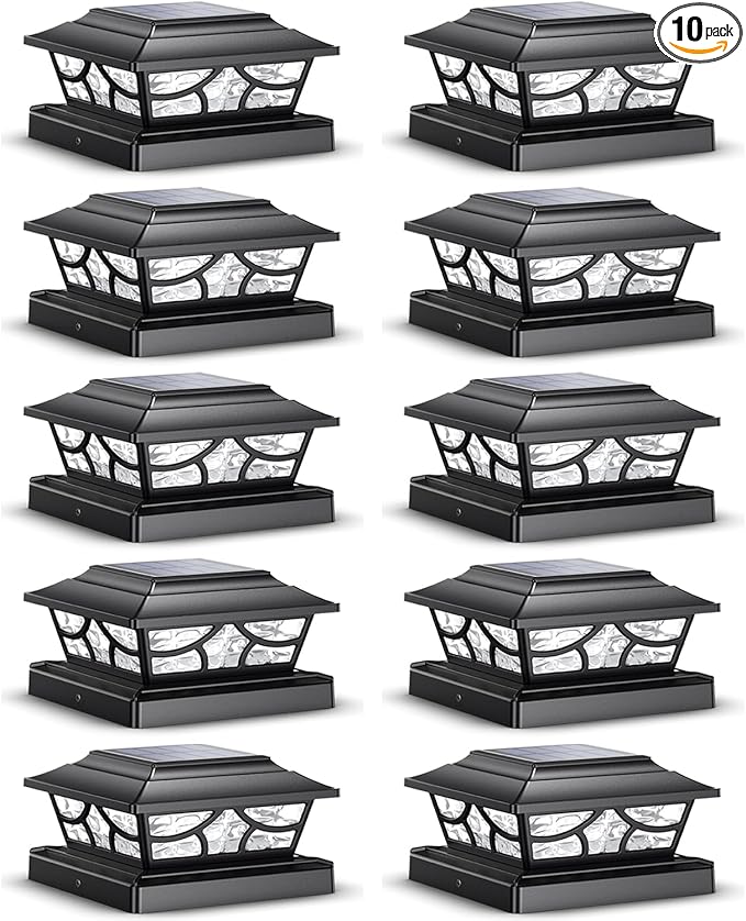 SIEDiNLAR Solar Post Lights Outdoor 4 Modes Fence Deck Post Cap Light for 4x4 5x5 6x6 Vinyl Wooden Posts Garden Patio Decor, Warm White & Cool White Dynamic Lighting Black (10 Pack)