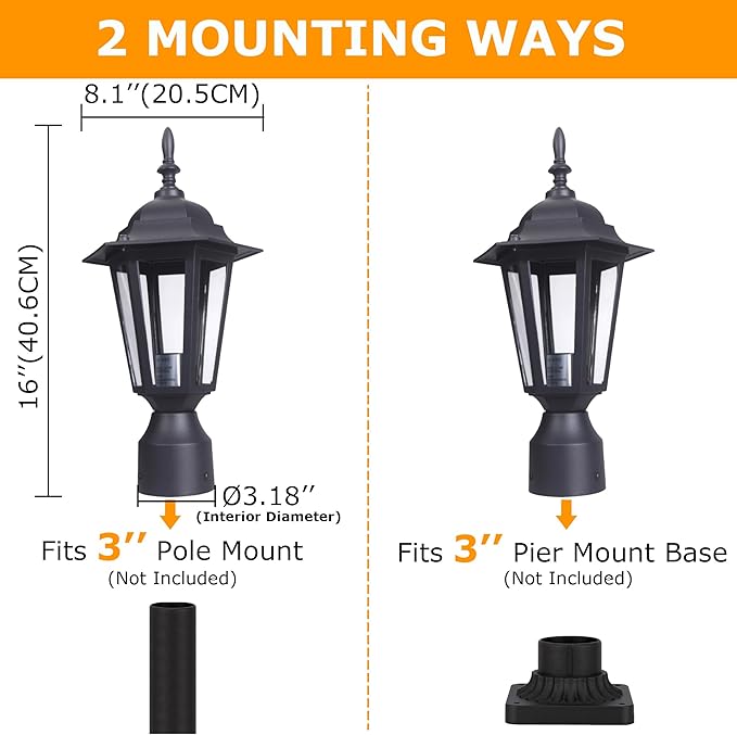 LIT-PaTH 16 Inch Outdoor Lamp Post Light Fixture, Exterior Pole Lantern with Clear Glass, Hardwired Aluminum Post Lighting for Driveway Garden Yard, Matte Black, 1-Pack