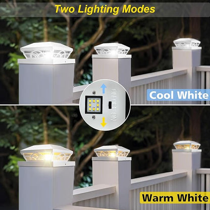T-SUN Solar Post Cap Lights 6 Pack – Outdoor Waterproof Fence Lights for 3.5x3.5 4x4 5x5 5.5x5.5 Wood/Vinyl Posts, with 2 Brightness Modes Solar Deck Light for Patio, Garden, Porch(White)