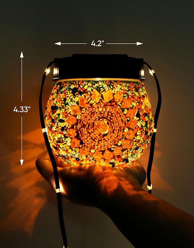 Mosaic Solar Lights Outdoor 2 Pack, Solar Hanging Lanterns Christmas Halloween Gifts for Women Mom Grandma, Waterproof Glass Globe Lights, Garden Patio Decor for Yard, Tree, Balcony, Warm