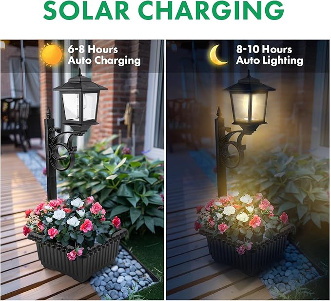 Solar Lamp Post Light with Planter, 2 in 1 Outdoor Flower Pots, 3000K Solar Lamps Outdoor Waterproof, Wall Mount or Freestanding for Garden, Patio, Yard, Front Porch, Back Door (Flowers not Included)