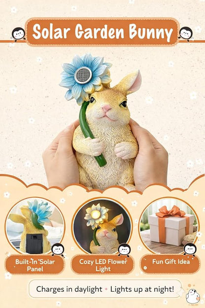 Set of 3 Solar Animal Garden Lights – Resin Bunny, Cat & Dog Figurines with Warm LED Flower, Solar Powered Outdoor Décor for Garden, Patio, Yard, Balcony (Puppy/Kitten/Rabbit)