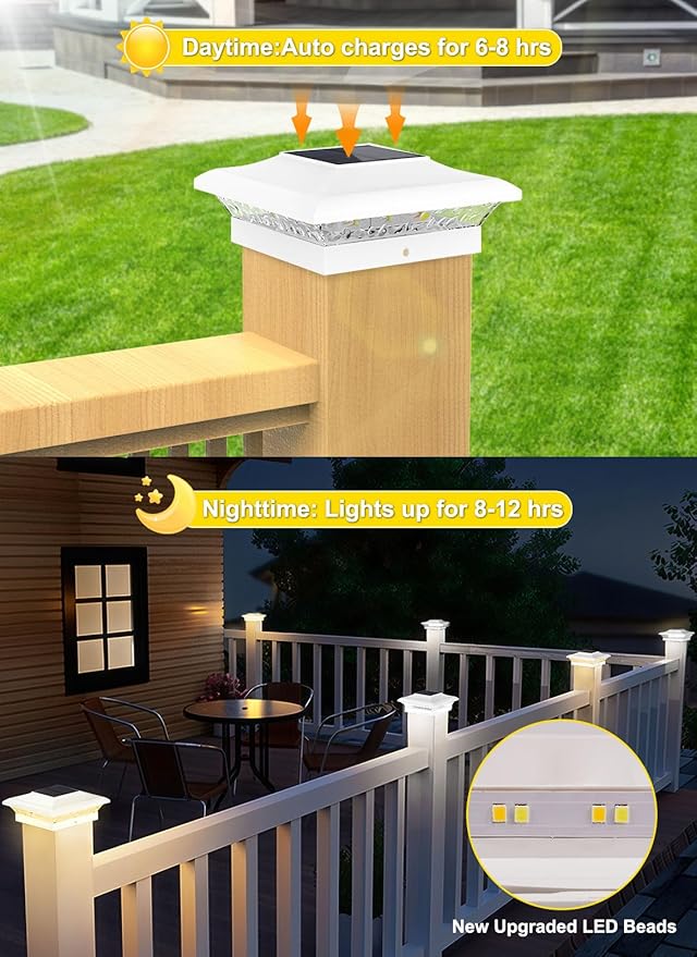 T-SUN 4x4 Post Cap Lights 24 Pack for Vinyl/Wooden Fence Auto Dusk to Dawn Outdoor Waterproof Warm & Cool White Solar Powered Deck/Patio Lighting