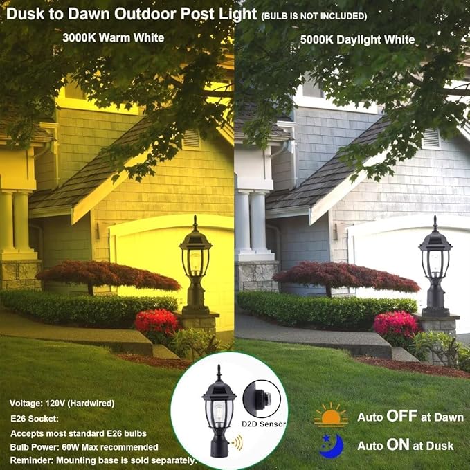 LIT-PaTH Dusk to Dawn Outdoor Post Lighting Fixture Pole Lantern, E26 Medium Base Max 60W, Aluminum Housing Plus Glass, Bulb Not Included (Black, 1-Pack)