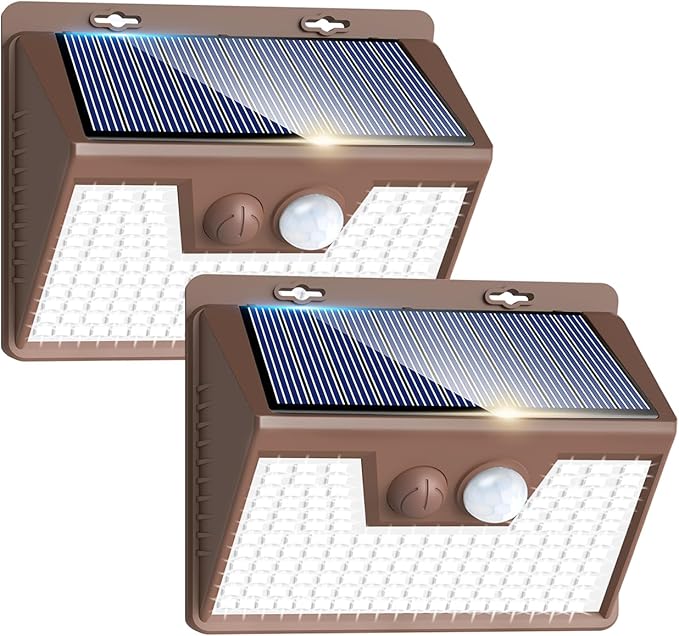 Peasur 2 Pack Solar Lights for Outside, Motion Sensor Outdoor Lights, 140LED Solar Security Lights 3 Working Modes, Solar Lights Outdoor Waterproof for Outside Garden Yard Fence (Brown Frame)