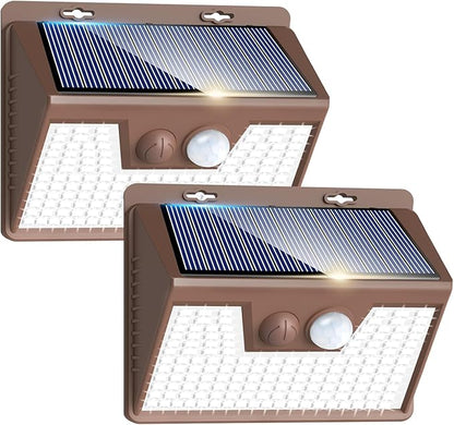 Peasur 2 Pack Solar Lights for Outside, Motion Sensor Outdoor Lights, 140LED Solar Security Lights 3 Working Modes, Solar Lights Outdoor Waterproof for Outside Garden Yard Fence (Brown Frame)