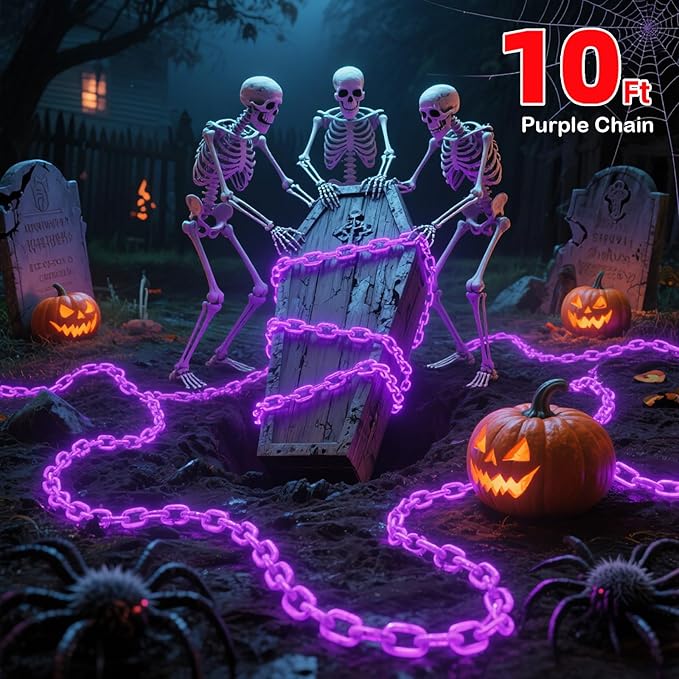 10Ft Purple Halloween Chain Lights Battery Operated with Timer, 8 Modes Halloween Decorations Indoor Outdoor, Waterproof Lighted Plastic Chains for Haunted House Party Cosplay Props Skeleton Dog
