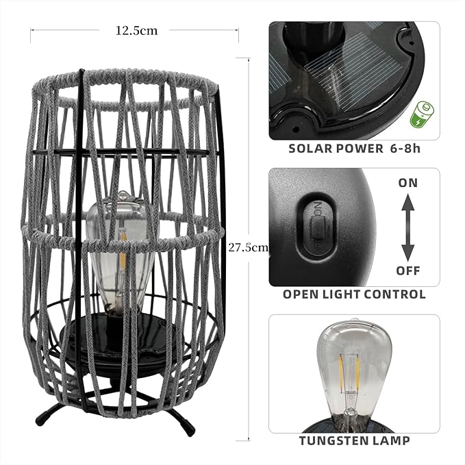 Solar Lanterns Outdoor Tabletop Lamp Lights with Waterproof Stand Decorative Water Resistant Resin & Polyester Cord Woven Design for Garden Patio Lawn Courtyard