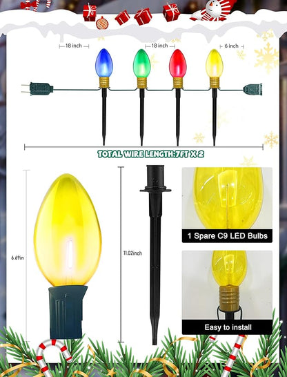 Jumbo C9 Christmas Pathway Lights Outdoor,14FT 8 LED C9 Jumbo Multicolor Christmas Walkway Lights, Connectable Outdoor Decorations Stakes Light for Outside Lawn Yard Garden Sidewalk Driveway