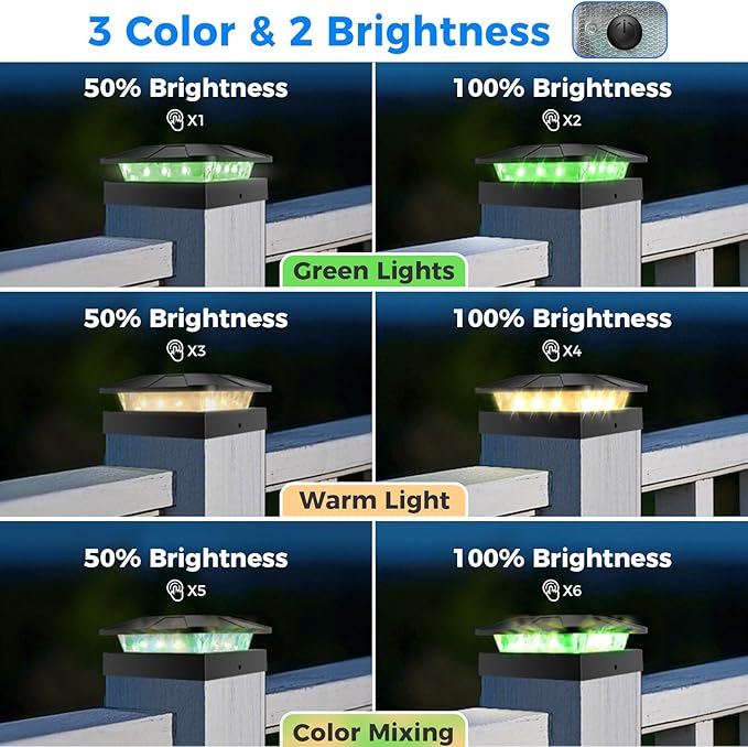 Peasur 2 Packs 4x4 Solar Post Lights Outdoor, Green & Warm White LED Fence Caps Light Waterproof, Wood & Vinyl Post Top Lighting for Deck Mailbox Railing Porch Outside