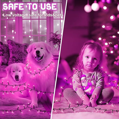 Pink Christmas Lights Outdoor Battery Operated String Lights Total 100LED 33Ft with Timer 8 Modes 16.4Ft*2 Waterproof Outdoor Indoor for Christmas Decor, Pink, 2-Pack