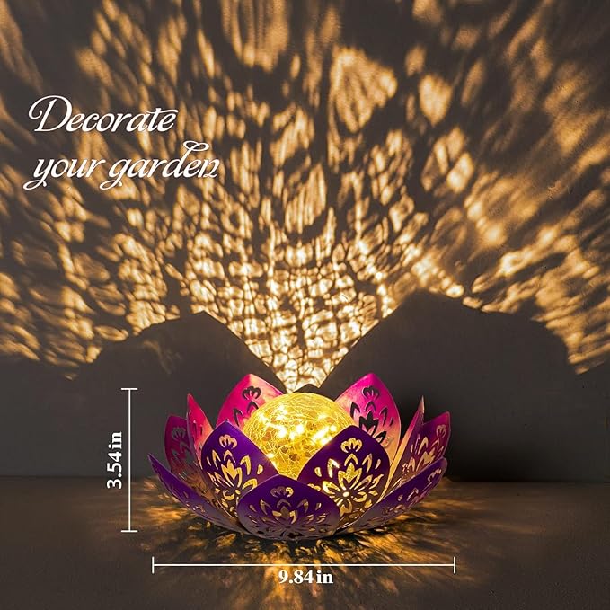 Huaxu Solar Lights Outdoor Decorative-Bright Purple Lotus Flower Table Lamp,Glass Globe 30 LED Waterproof Metal Decorations Gifts for Mom Women Garden Patio Pathway Yard Balcony Outside Decor