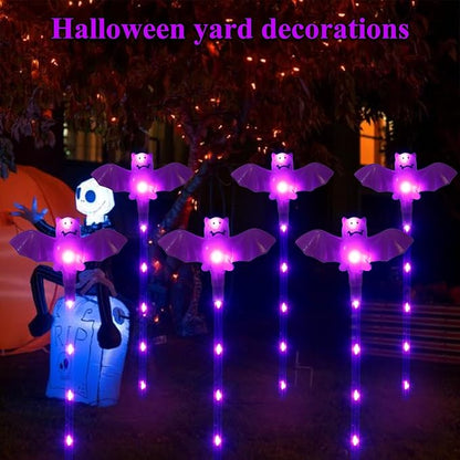Halloween Decorations Outdoor Solar Bat Garden Lights,6 Pack 56LED Solar Halloween Bats Lights, Waterproof Solar Pathway Lights for Outside Patio Yard Lawn Grave Party Gifts Decor Purple